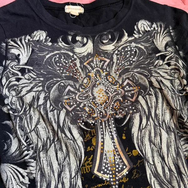 Y2K Goth Grunge Emo Punk Cross Wings Mcbling Rhinestone Black graphic fitted tee tshirt top blouse shirt short sleeve #Morbid whimsygoth #cyber #gorpcore #subversive #whimsigoth streetwear 2000s Sz S - measurement in pics 95% Cotton 5% Spandex - Image 2