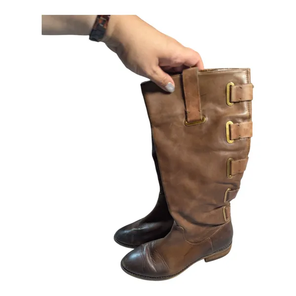 Arturo Chiang Cognac Brown Leather Strap Accent Knee High Flat Riding Boots Sz 7 - Image 6