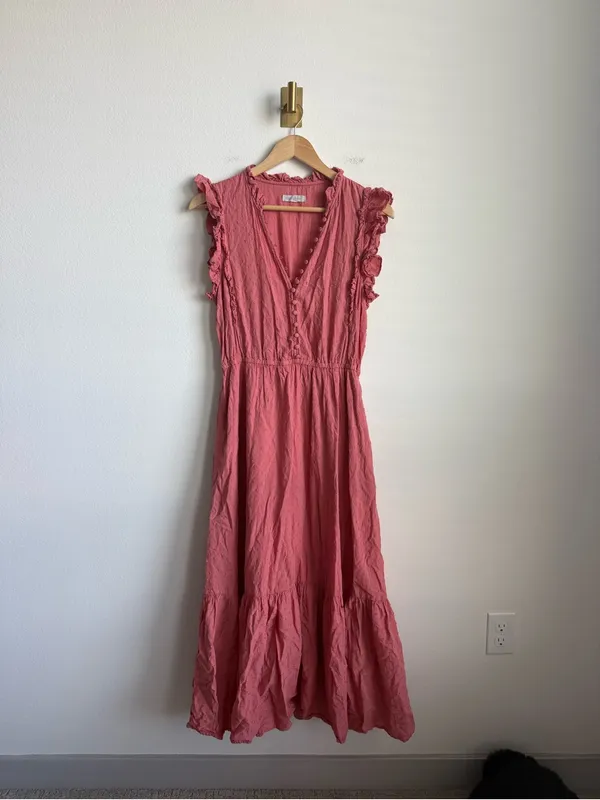 Outerknown Organic Cotton Coral Ruffle Tiered Midi Maxi Dress Medium - Image 2