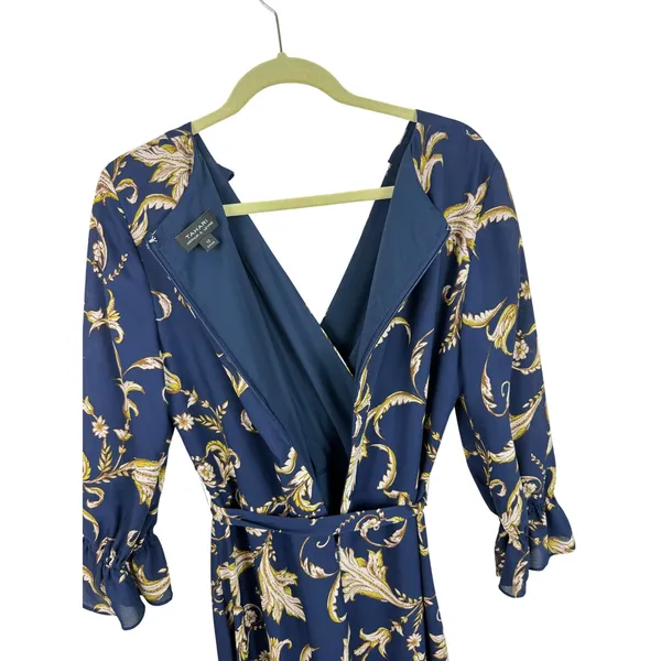 Tahari Arthur S Levine Navy Blue Paisley Faux‎ Wrap Midi Dress Ruffle Cuff 12 - Image 3