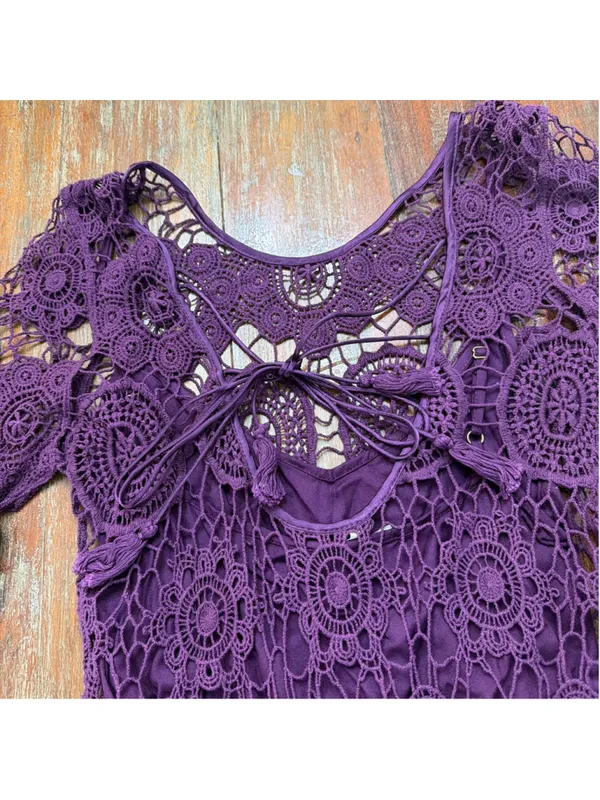 Free People Purple Crochet Lace Mini Dress Double Tie Back Tassel Bell Sleeve Sm - Image 13