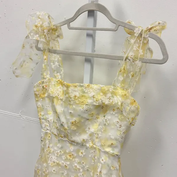 Lucy In The Sky Yellow Floral Tie Shoulder Mini Dress Lace Trim Size M Coquette - Image 3