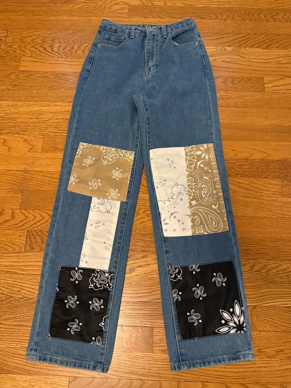 SheIn Straight / Wide Leg Patchwork Bandana Denim jeans in Blue size XS - Image 7