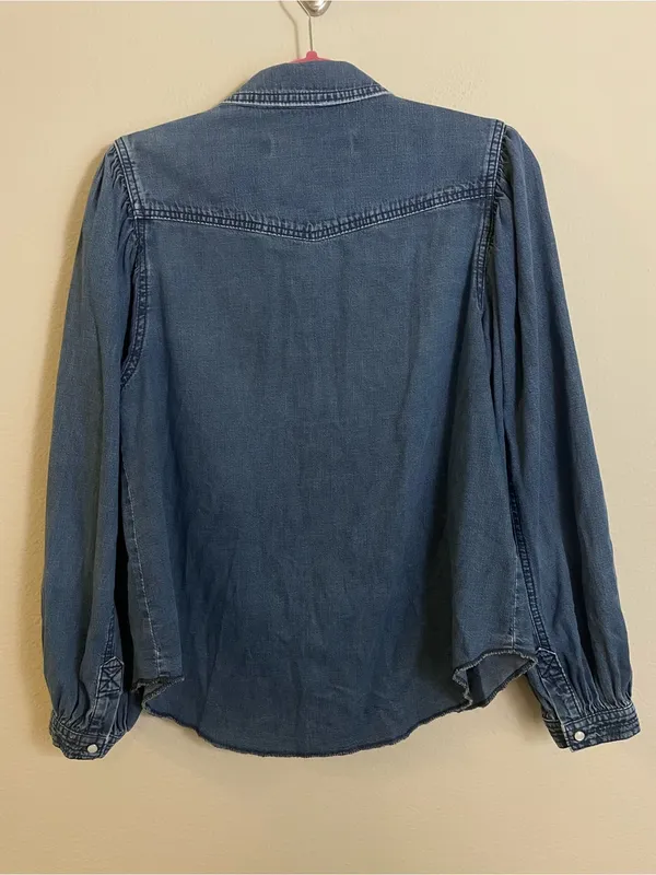 We the Free With Love Denim Top Long Puff Sleeves Western-Boho Size Small - Image 6