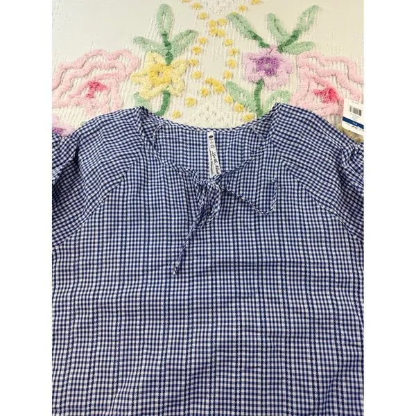 Leo & Nicole Blue‎ Gingham Cotton Blouse 3/4 Puff Sleeve Tie Neck Top Xl NEW - Image 7