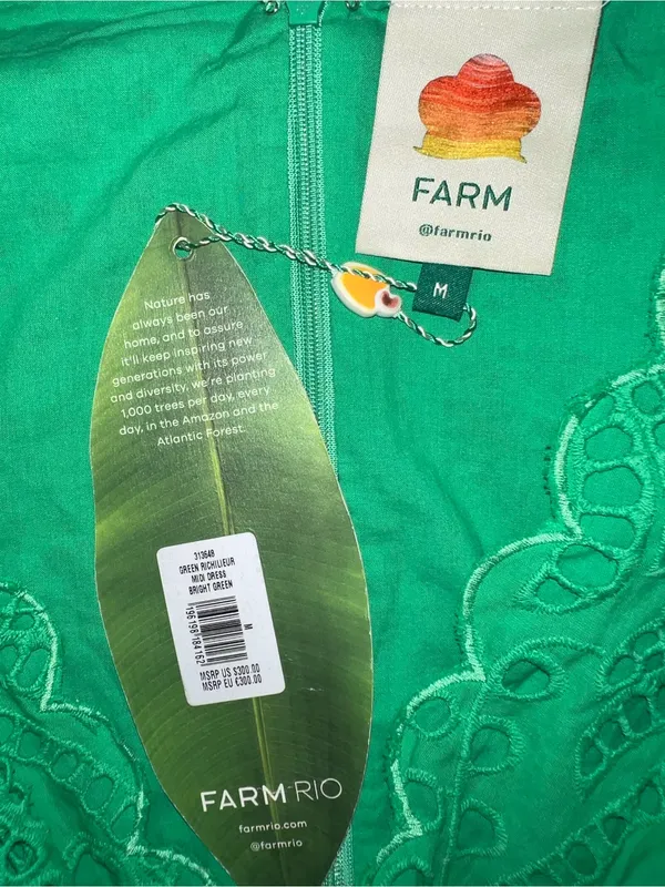 FARM Rio Green Richelieu Cutwork Midi Dress Bright Green Eyelet Cotton Sz M NWT - Image 5
