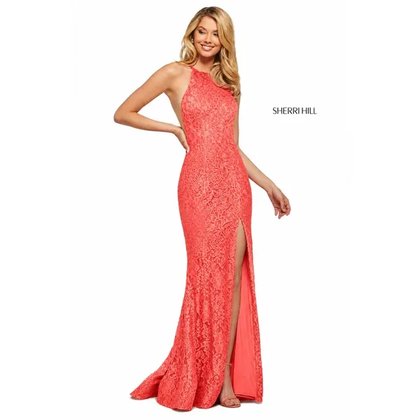 NWT Sherri Hill 53361 Coral Stretch Lace High Slit Halter Gown Dress Size 8 - Image 2