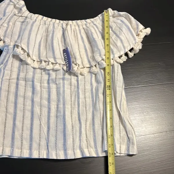 Artisan NY Women Striped Off The Shoulder Tassel Ruffle Top Blue White Small NWT - Image 2