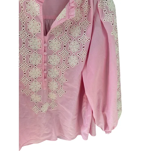 Gibson Latimer Pink‎ Cotton Eyelet Embroidered Balloon Sleeve Blouse Womens M - Image 3