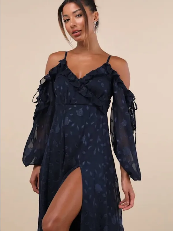 Lulus Pleasant Aura Navy Blue Floral Burnout Cold-shoulder Maxi Dress - Size S - Image 3