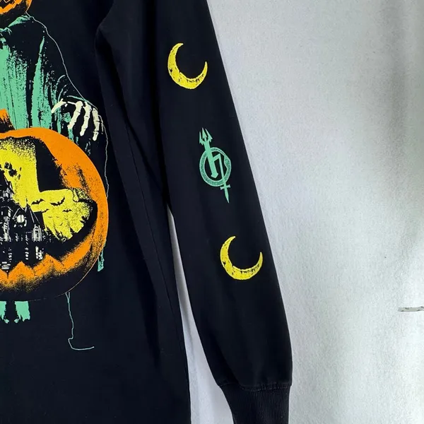 Halloween Black Graphic Sweatshirt Pumpkin Skeleton Haunted House Bats - Image 3