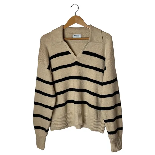Old Navy Striped Cotton Polo Sweater Women Large Tall Tan Striped Preppy Knit‎ - Image 2