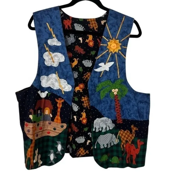 Noah's Ark Quilted Appliqué Novelty Teacher Vest Blue Large - Image 2
