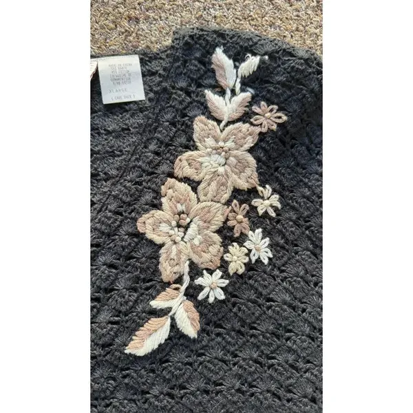 Vintage AGW Division of Graff Black Open Knit Cardigan XL Floral Embroidered - Image 5