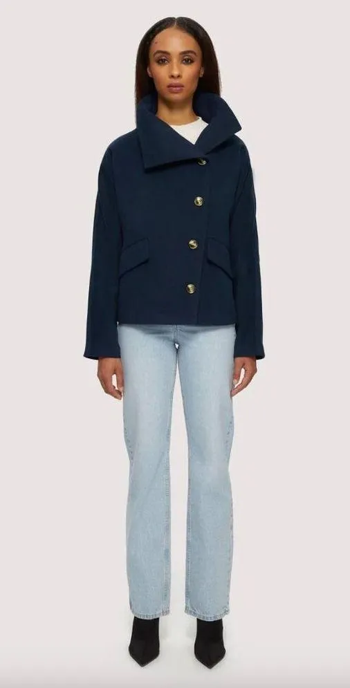 NOIZE Elettra Short Length Vegan Wool Coat Navy Womens Size Large - Image 2