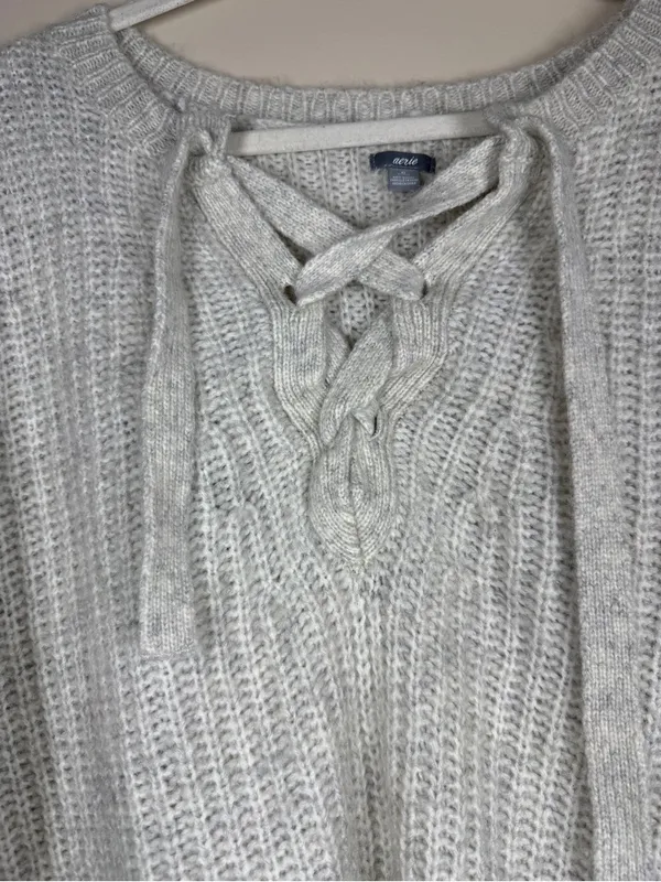 Aerie • Lace Up Oversized Knit Sweater Wool & Alpaca Blend Oatmeal Sz XL - Image 6
