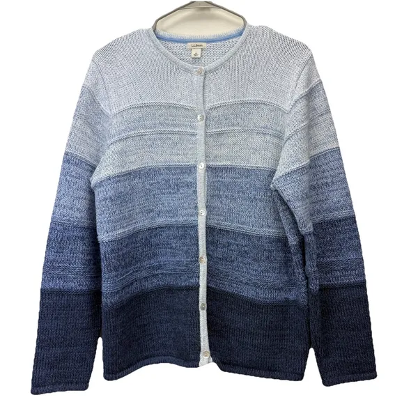 LL Bean Blue Ombré Stripe Chunky Knit Button‎ Cotton Cardigan Sweater LARGE - Image 2