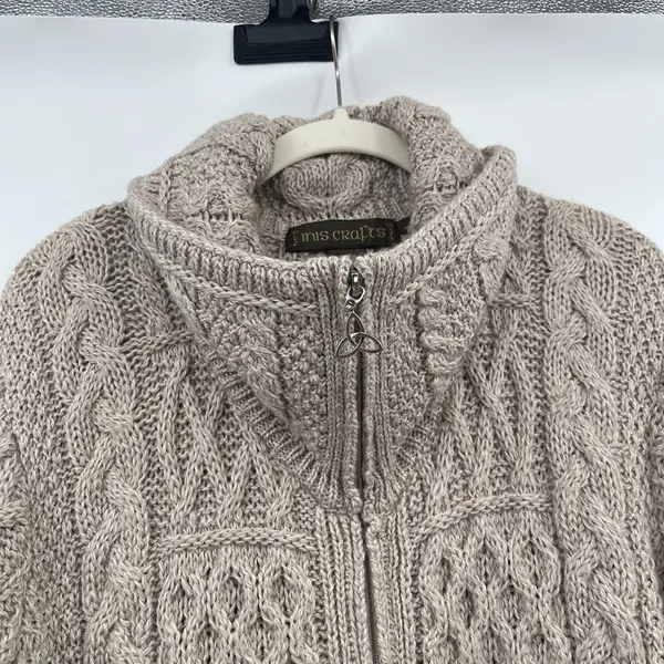 inis crafts merino 100% wool Sweater L Tan Long Full Zip Cable Knit Ireland Boho - Image 6