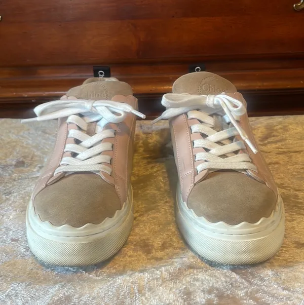 Lauren Leather Beige Blush Pink Scalloped Stacked Sneakers VGUC 6 / EUR 36 - Image 3