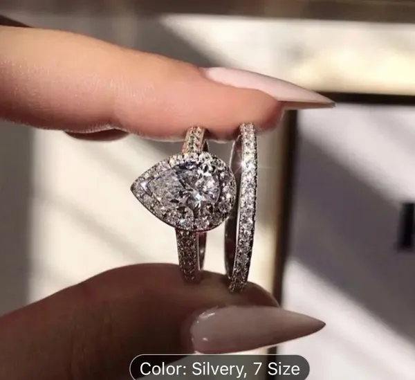 2pc Exquisite Silvery Alloy Teardrop Cubic Zirconia Bridal Set Rings - Image 3