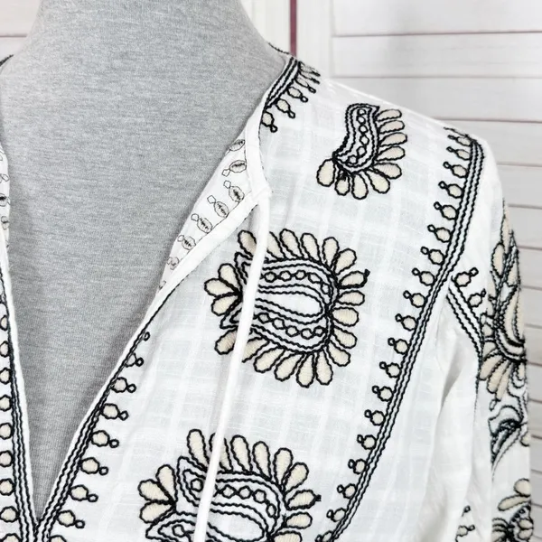 Zara Boho Embroidered Textured Cotton Tunic Shift Mini Dress White Tan Black XS‎ - Image 7