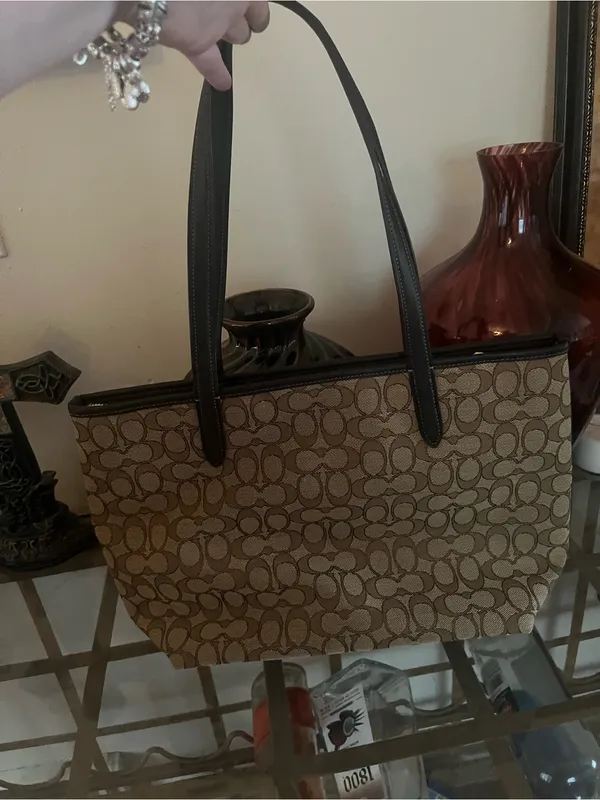 Coach Khaki Signature Canvas Tote with Chocolate Trim - Image 2