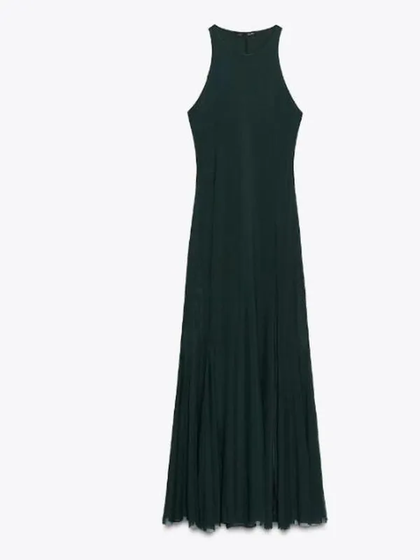 Sleeveless Dark Green mess Midi Dress with‎ Side Slit - Image 4