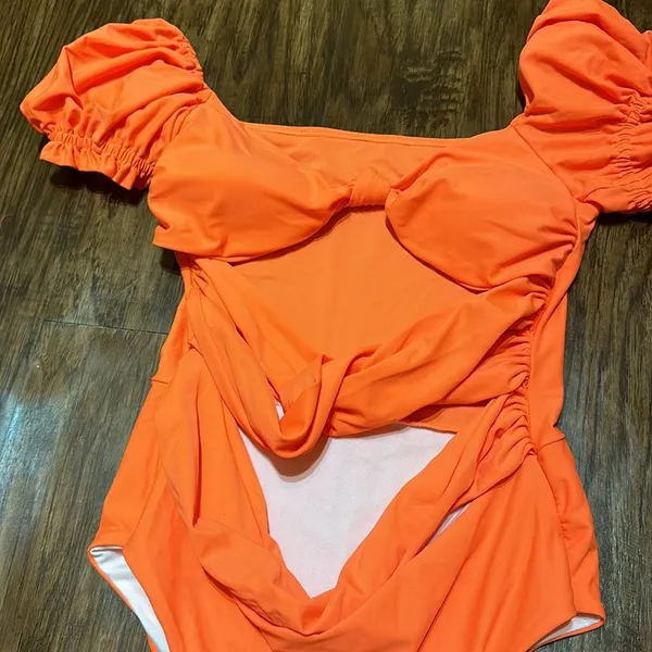 Orange Puff Sleeve One Piece Swimsuit - Image 3
