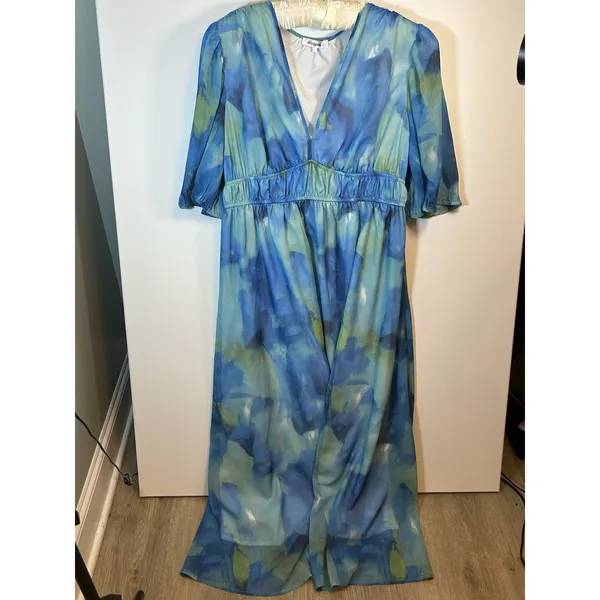 Sissyyaki Women’s XL Blue Green Watercolor Floral V Neck Empire Waist Maxi Dress - Image 11