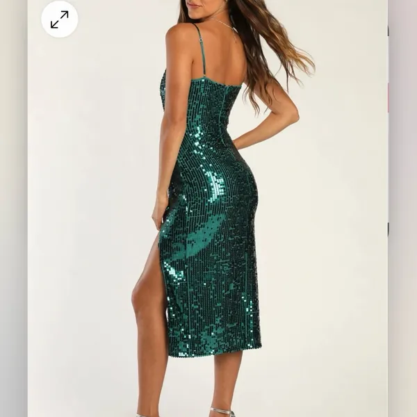 Lulus Striking Sweetheart Emerald Green Sequin Slit Sleeveless Midi Dress‎ LARGE - Image 4