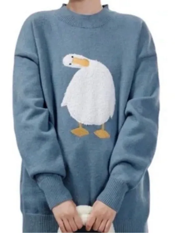 Aelfric Eden Duck Sweater XS Blue Chenille Applique Oversized Crewneck Pullover - Image 5