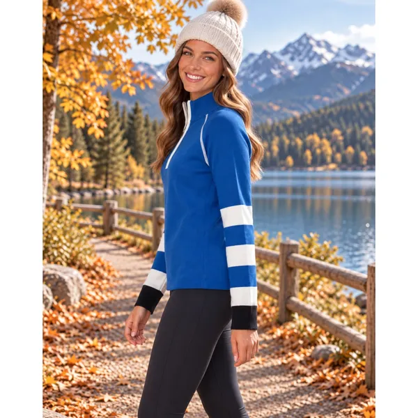 NEVE Quarter Zip Ski Sweater Blue White Striped Black Cuffs 100% Cotton X-Large - Image 4