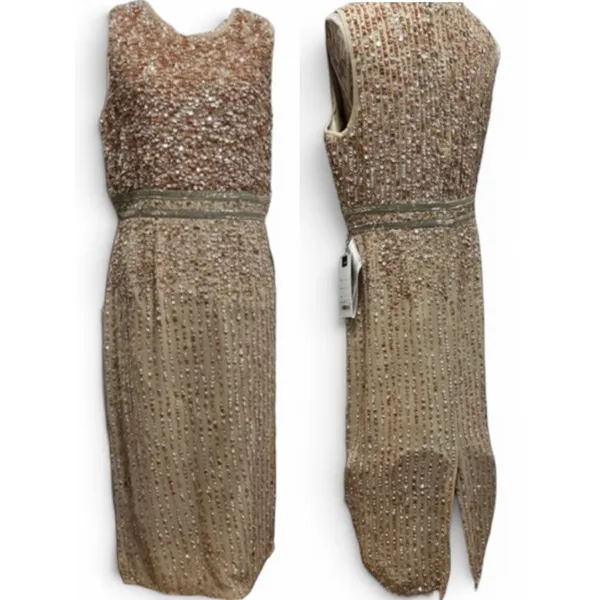 Mac Duggal Nude‎ Champagne Beaded Sequin Midi Sheath Cocktail Dress NWT Sz 8 - Image 9
