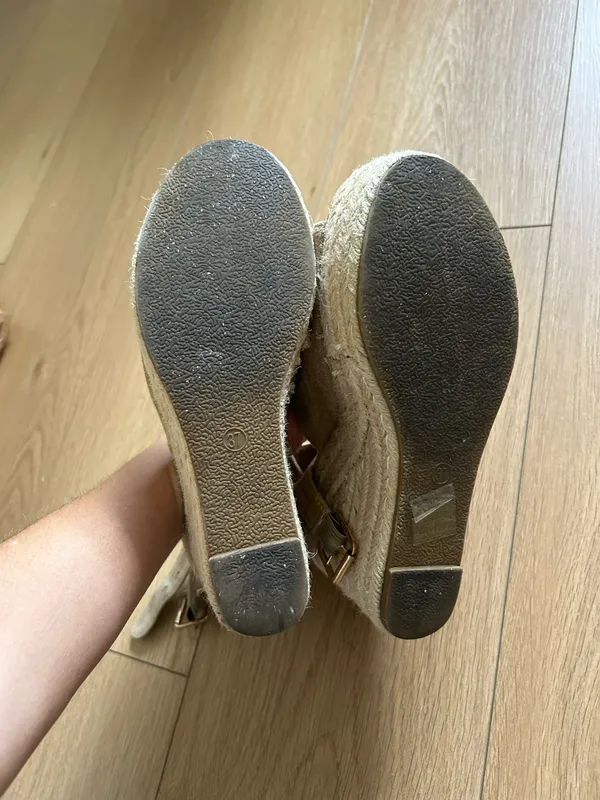 Neutral Suede Espadrille Wedge Sandals with Ankle Strap Tan Size 6.5 - Image 5