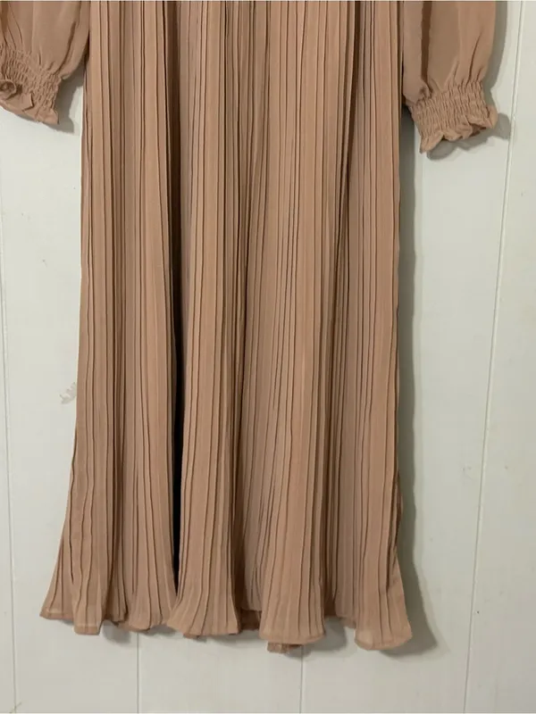 Böhme Pleated Midi Dress Long Sleeve Taupe Smocked Waist Boho Modest Size S - Image 3