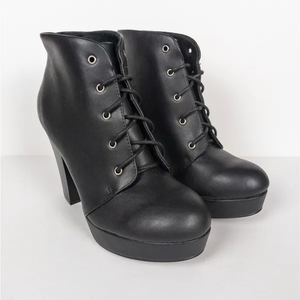 BONNIBEL Black Heeled Lace Up Platform Ankle Booties Faux Leather Women's 9 - Image 2