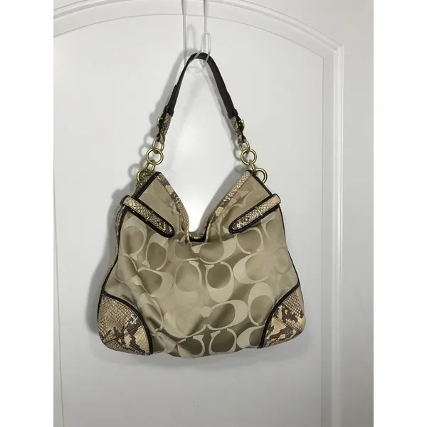 Coach Colette Beige Signature Sateen and Snakeskin Trim Hobo Shoulder Bag EUC - Image 2