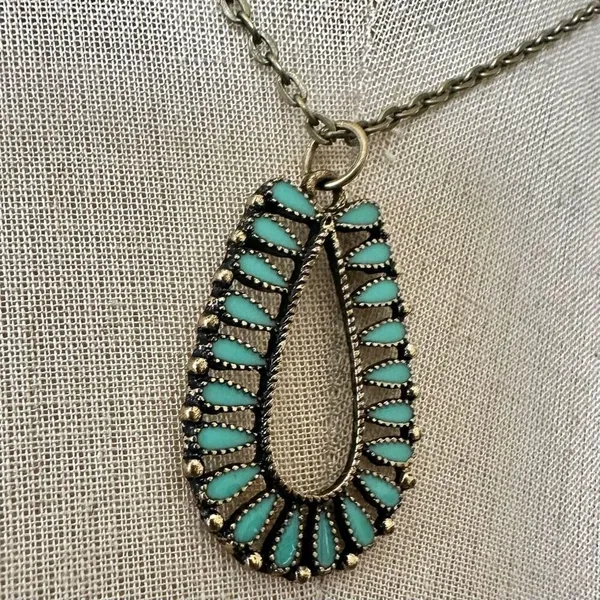 Boho Teardrop Pendant Necklace with Faux Turquoise Accents - Image 3