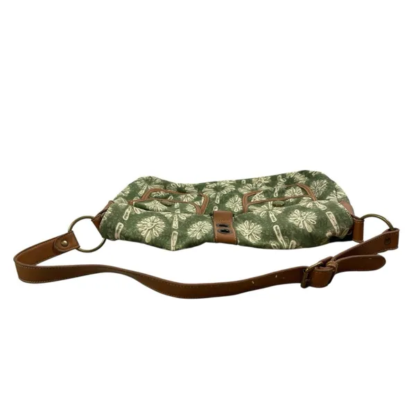 Y2K 90s The Sak Green Floral Canvas Shoulder Bag Brown Faux Leather Trim Purse - Image 5
