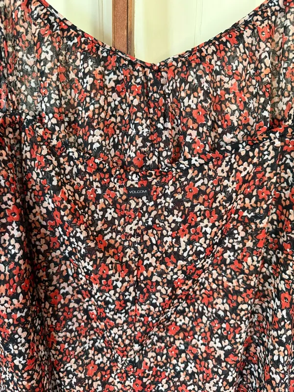 Volcom Laying Low Dress Red Floral Spaghetti- Strap V-Neck Swing Mini - Medium - Image 7
