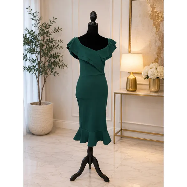 Quiz Emerald Green Off Shoulder Ruffle Mermaid Midi Dress Women's US 6 - Image 2