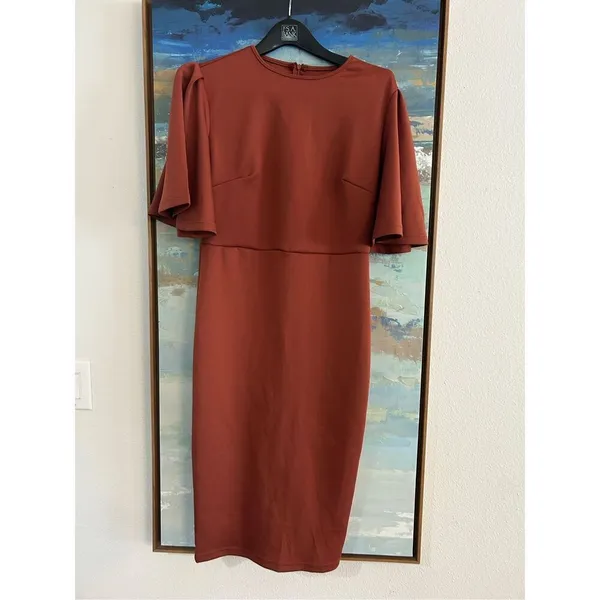 NEW Bodycon Ruffle Flared Short Sleeve Pencil Midi Dress L - Image 3