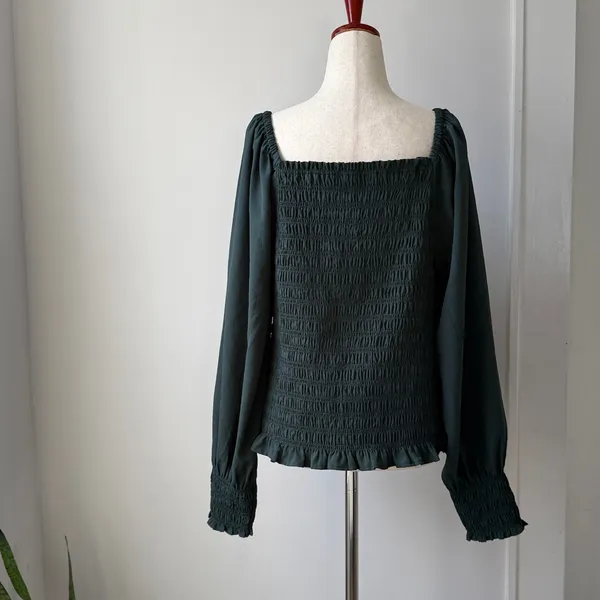 Madewell Dark Green Smocked Blouse Size XL Long Sleeve Casual Top - Image 3