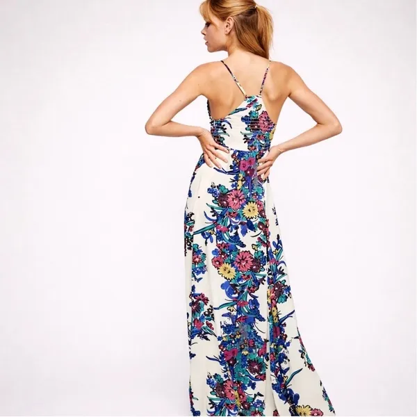 Intimately Free People Floral Butterfly Maxi Dress XS White Blue Smocked Slit - Image 6