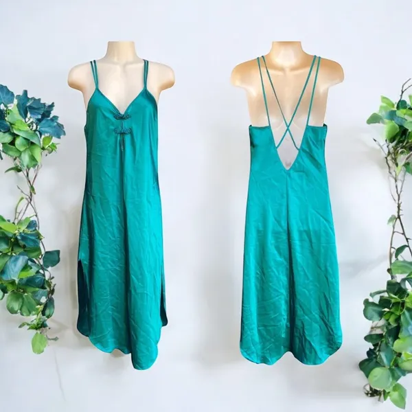 Vtg California Dynasty Emerald Green Satin Maxi Slip Dress Size S Chinese Knot - Image 3