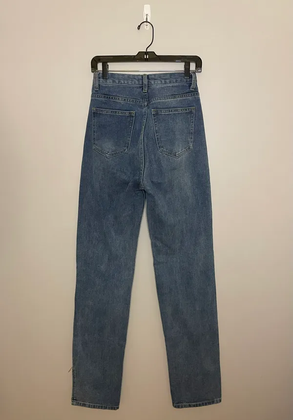 PrettyLittleThing Ripped High Waist Split Hem Jeans, Blue, Size 2 Tall, EUC - Image 9