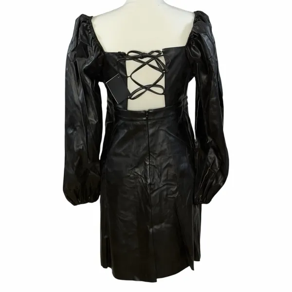 Area Stars Faux Leather Mini Dress Black Long Puff Sleeves Lace Up Square Neck M - Image 4