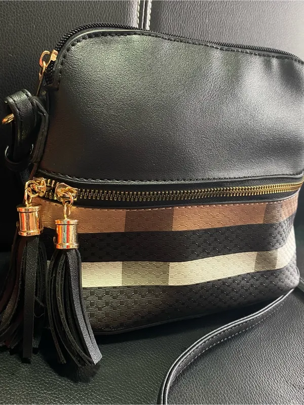 Unbranded Black Crossbody Bag with Striped Accent and Tassel Detail - Image 2