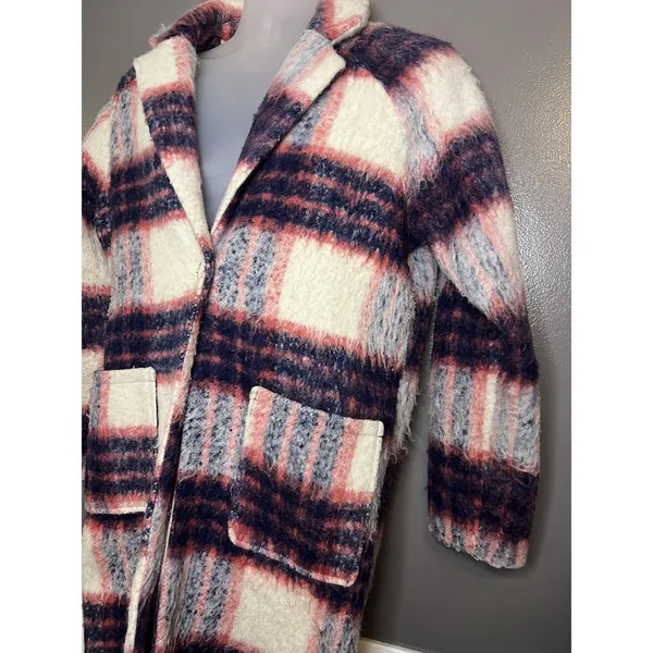 Glamorous Coat Womens Medium Pink Navy Cream Plaid Wool Blend Long Lined Boucle - Image 5