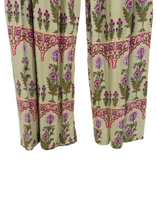 Boho Floral Wide Leg Palazzo Pants Size 38 Sage Green Pink Print Elastic Waist - Image 3
